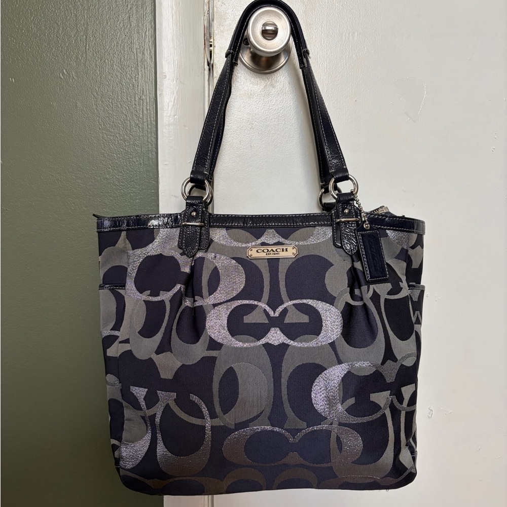 Coach Gallery Optic Signature Metallic Tote in Black and Silver